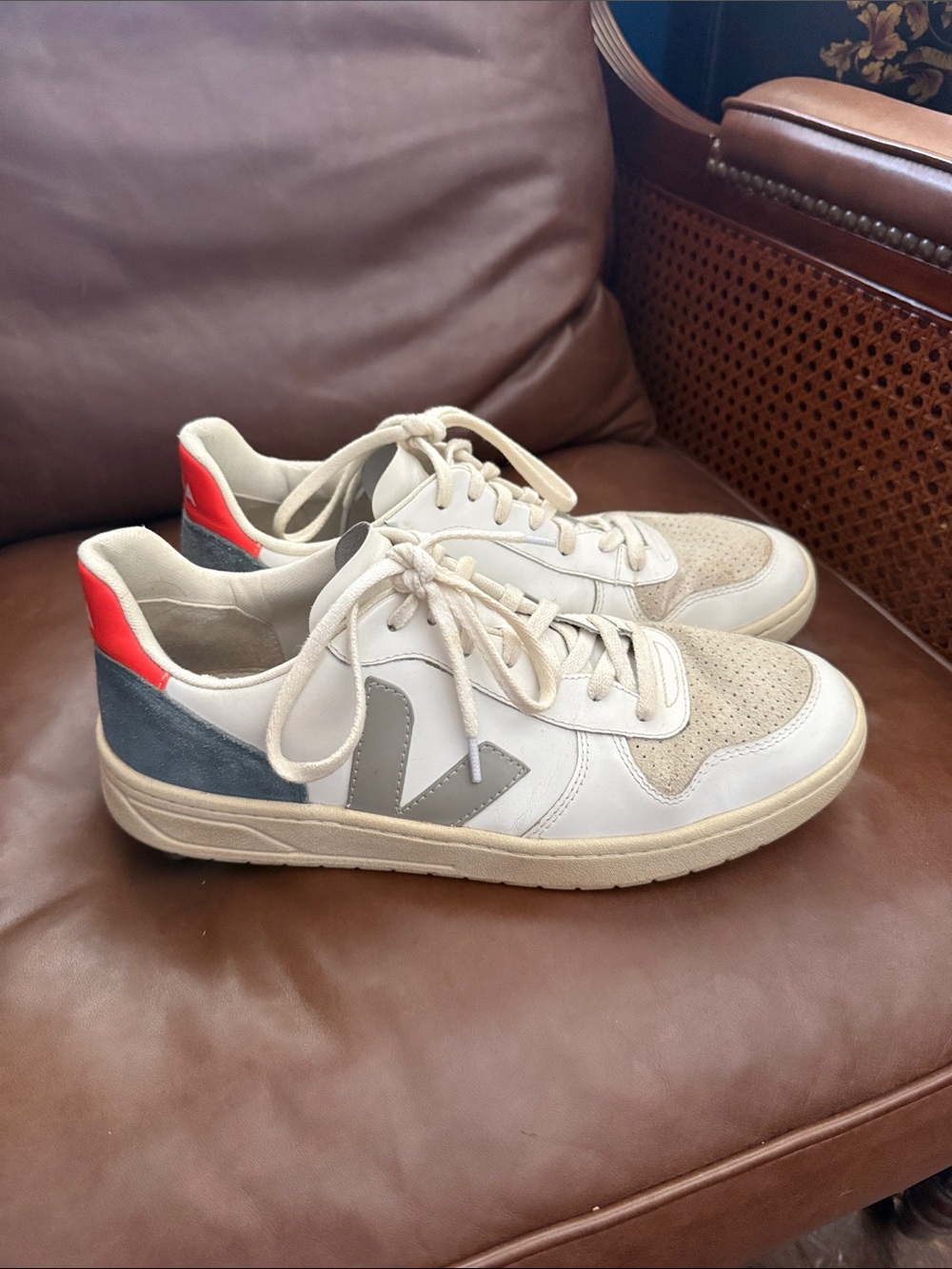 White Leather Sneakers with Gray V Logo and Orange Heel Accent